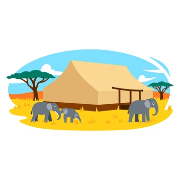 A large safari tent with a beige canvas exterior, featuring a wooden frame and a small porch area. The tent is positioned on the expansive savannah, surrounded by tall golden grass. Nearby, a small herd of elephants, with gray skin and large ears, are grazing peacefully. The background showcases acacia trees with flat-topped canopies and a clear blue sky above. A gentle breeze rustles the grass as the sunlight casts warm tones across the scene.