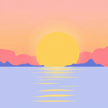 A sunrise with warm hues of orange, pink, and yellow illuminating the sky. The sun is just above the horizon, casting light that reflects off the surface of a calm ocean. Gentle waves ripple across the water, creating a serene atmosphere. Silhouettes of distant islands can be seen on the horizon, adding depth to the scene. The overall composition captures the peacefulness of the moment, with a sense of warmth and tranquility emanating from the colors and light.