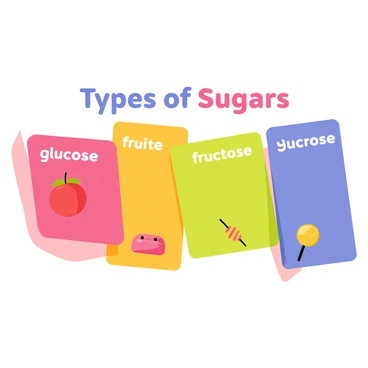 A colorful chart displaying various types of sugars found in foods. The chart features distinct sections, each representing a different type of sugar, such as "glucose," "fructose," and "sucrose." Each section is illustrated with vibrant colors and icons of corresponding foods, such as fruits for fructose and candy for sucrose. The title "Types of Sugars" is prominently displayed at the top in bold, easy-to-read font. The overall design is engaging and visually appealing, making it easy to understand the differences between the sugars.
