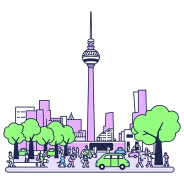 The Berlin TV Tower stands tall against the sky, dominating the skyline with its unique architecture. The tower is sleek and cylindrical, with a prominent observation deck at the top. Below, the streets are filled with busy pedestrians, some stopping to take photos of the tower, while others hurry along their way. Various vehicles, including buses and cars, populate the roads, adding to the lively atmosphere. Nearby, trees line the sidewalks, providing shade to the bustling scene. In the distance, several buildings of different styles and heights frame the tower, showcasing the vibrant urban landscape of Berlin.