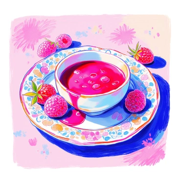 A small white ceramic bowl is filled with rich raspberry sauce. The sauce is a deep red color, glossy and smooth. It is placed on a pristine dessert plate that has an intricate floral design around the edge. The plate is slightly tilted, showcasing the vibrant color of the sauce as it drizzles elegantly over the side. In the background, there are hints of fresh raspberries scattered around the plate, adding a pop of color and texture.