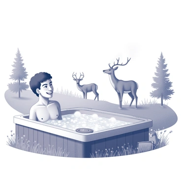 A person in a hot tub watching deer grazing nearby in a peaceful meadow