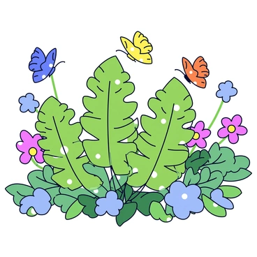 A vibrant garden filled with a cluster of green ferns. Butterflies in various colors, such as blue, yellow, and orange, are fluttering around the ferns. The sunlight shines down, creating bright spots on the leaves of the ferns. The background features more greenery and blooming flowers in different hues.