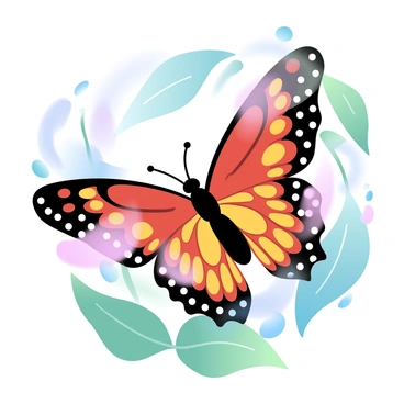 A monarch butterfly is perched on a vibrant flower. Its wings display intricate patterns that resemble flickering flames, with shades of orange, red, and yellow blending together. The butterfly's body is slender and dark, providing a stark contrast to the bright colors of its wings. The flower is surrounded by lush green leaves, adding depth to the scene. Sunlight filters through the leaves, casting soft shadows on the butterfly and flower, creating a dynamic and lively atmosphere.