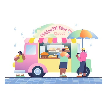 A bakery truck painted in pastel colors is parked on a cobblestone street. The truck is covered by a large, colorful umbrella that provides shelter to a wooden serving counter displaying a variety of freshly baked goods such as croissants, baguettes, and pastries. A light rain is falling, creating small puddles on the ground. The scene captures the soft glow of the truck's lights, reflecting off the wet surface. A few customers with umbrellas are gathered around the truck, choosing their treats. The bakery truck has a cheerful sign that reads "Fresh Baked Goods" in playful lettering.
