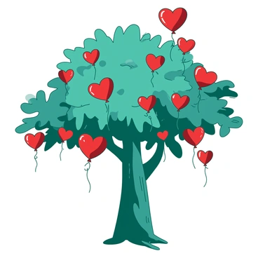 A teal whimsical tree with a thick trunk and wide canopy is set against a soft white background. The branches of the tree are stretching outwards and are adorned with numerous bright red heart-shaped balloons. Each balloon is floating gently, tethered to the tree by thin strings. The leaves of the tree are lush and vibrant, adding a playful contrast to the scene. Some of the balloons are clustered together, while others are scattered around, creating a sense of movement and joy.