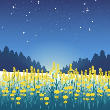 A field of "goldenrod flowers" is illuminated under a "starry night sky." The flowers stand tall, their bright yellow petals shimmering in the soft glow of the moonlight. The night sky is filled with numerous "twinkling stars" scattered across the deep blue canvas, creating a breathtaking backdrop. A gentle breeze causes the flowers to sway slightly, adding a sense of movement to the tranquil scene. In the distance, silhouettes of dark trees create a subtle contrast against the luminous flowers and vibrant sky.