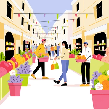 A bustling Italian street market filled with vibrant energy. There are multiple stalls displaying fresh produce, including bright red tomatoes, yellow bell peppers, and green leafy vegetables. Colorful bouquets of flowers are arranged in large buckets, featuring shades of purple, pink, and white. People are walking through the market, some carrying bags filled with groceries. A vendor is handing over a basket of ripe oranges to a customer, while another stall showcases jars of homemade jams and olives. The atmosphere is lively, with a clear blue sky overhead and decorative bunting strung between the stalls.