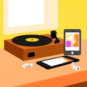 A vintage wooden record player with a large black vinyl disc spinning on it. Next to it, a sleek, modern digital music player with a bright screen displaying colorful album art. The table is made of polished oak and features a warm, inviting ambiance. Sunlight filters through a nearby window, casting soft shadows on the surface. The record player has a small speaker attached, while the digital music player is connected to a set of wireless earbuds. Both devices symbolize the contrast between analog and digital music eras.