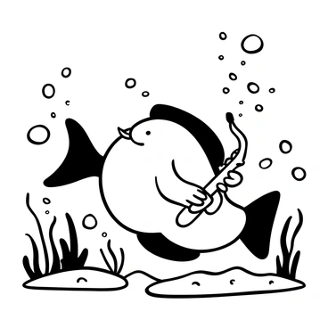A cartoon fish with exaggerated features playing a saxophone underwater. The fish has a large, round body with fins and a tail that are flowing gracefully. Surrounding the fish are numerous bubbles of varying sizes rising towards the surface. The background features stylized seaweed swaying gently and a sandy ocean floor visible below. The saxophone is held firmly in the fish's fins, and the fish appears to be immersed in the music, producing musical notes that blend with the bubbles.