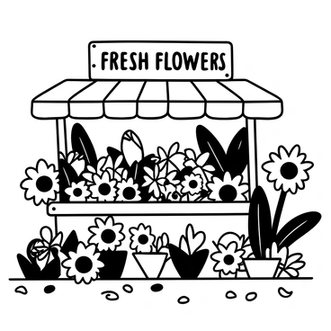 A flower market stall filled with fresh-cut flowers in various arrangements. The stall is overflowing with different types of flowers, including large sunflowers, delicate roses, and vibrant tulips. There are bundles of flowers neatly tied with string, and a wooden sign displaying the words "Fresh Flowers" is placed prominently. The ground is scattered with fallen petals, adding to the lively atmosphere of the market.