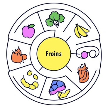 A colorful chart divided into sections that represent different food groups for a balanced diet. Each section is labeled with a specific food group, such as "fruits," "vegetables," "grains," "proteins," and "dairy." The fruits section includes vibrant images of apples, bananas, and berries. The vegetables section displays a variety of greens like spinach, carrots, and broccoli. The grains section features bread, rice, and pasta. The proteins section showcases eggs, chicken, and beans. The dairy section includes a glass of milk and cheese. The overall design is simple and easily readable.