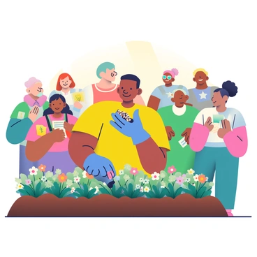 A community leader with dark skin and short hair is demonstrating to a group of volunteers how to plant seeds in a vibrant garden. The leader is wearing a bright yellow shirt and gardening gloves, holding a handful of seeds in their right hand. Surrounding them are several volunteers of diverse backgrounds, eagerly watching and listening, while some hold small shovels and seed packets. The garden is filled with colorful flowers in full bloom, and rows of rich brown soil ready for planting can be seen. Sunlight is illuminating the scene, highlighting the various shades of green from the plants and the bright colors of the flowers.