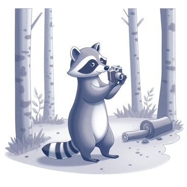 A raccoon standing on its hind legs, holding a small camera with both paws. The animal is focused intently on the viewfinder, as if capturing a moment in the forest. Surrounding the raccoon are tall trees with textured bark and scattered foliage, creating a natural setting. In the background, various woodland elements such as a fallen log and patches of undergrowth add depth to the scene. The raccoon's expressive face shows curiosity as it engages with its surroundings.