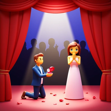 A decorated stage with soft lighting and red velvet curtains, showcasing the aftermath of a theater performance. In the center of the stage, a man in a formal suit kneels on one knee, holding an open ring box. His expression is filled with excitement and anticipation. Nearby, a woman in a beautiful evening gown stands in surprise, her hands covering her mouth, with tears of joy in her eyes. Surrounding them are scattered rose petals, and a spotlight shines down on the couple, highlighting this special moment. In the background, silhouettes of applauding audience members can be seen through the curtain.
