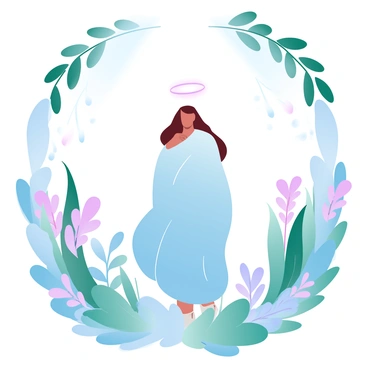 A figure stands in a lush garden filled with vibrant flowers and greenery. The figure is draped in flowing garments that blend harmoniously with the natural surroundings. A glowing halo surrounds the figure's head, emitting a soft light that enhances the enchanting atmosphere. Various garden elements such as colorful flowers and tall, leafy plants frame the scene, adding depth to the composition. Sunlight filters through the leaves above, creating a dappled effect on the ground.