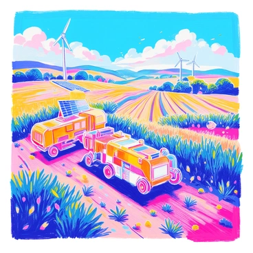A sprawling farm scene showcases vast fields of crops under a bright blue sky. In the foreground, futuristic machines with sleek designs are harvesting energy from the crops in a process that resembles the gathering of traditional harvests. These machines are equipped with glowing panels and intricate mechanisms, efficiently converting sunlight and organic materials into energy. Rows of green crops stretch into the distance, while a solar panel array is positioned nearby, reflecting the innovative technology used on the farm. A wind turbine stands tall in the background, further emphasizing the blend of nature and technology.