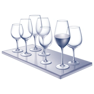 A glass shelf containing an arrangement of various wine glasses. The display features glasses of different shapes and sizes, including tall and slender flutes, wide-bowled red wine glasses, and short stemless glasses. Each glass has distinct curves and angles, showcasing a variety of designs. The shelf is made of transparent glass, allowing light to reflect and refract through the wine glasses, creating an intricate visual effect.