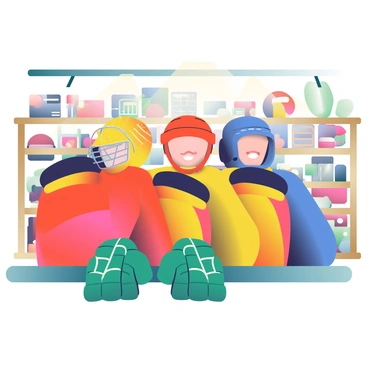 A lineup of colorful goalie gear is displayed prominently in a sports equipment shop. The gear includes bright yellow, red, and blue helmets, each featuring unique designs and patterns. There are vivid orange pads with black accent straps and matching blockers beside them. A set of green gloves is positioned at the front, showcasing their intricate stitching and protective features. The background consists of wooden shelves filled with various other sports equipment, while a bright overhead light illuminates the gear, highlighting its vibrant colors.