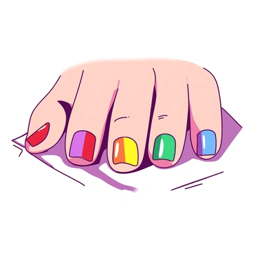 A close-up view of small fingers with nails painted in bright, rainbow colors. Each finger showcases a vibrant shade, blending seamlessly from red to orange, yellow, green, blue, and purple. The fingers are gently resting on a smooth white surface, reflecting a soft light that highlights the glossy finish of the nail polish. The skin of the fingers is delicate and youthful, emphasizing the playful and colorful design.