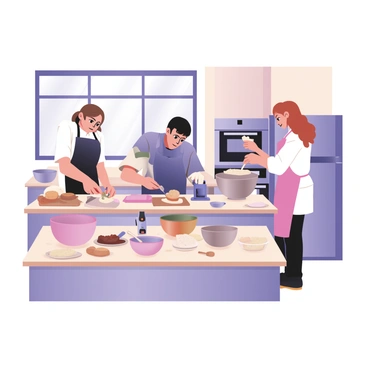 A professional kitchen with multiple students engaged in pastry baking techniques. There are three students: one is a young woman with long brown hair, wearing a white chef's coat and a black apron, carefully piping cream onto a pastry. Another student, a young man with short black hair, is measuring flour on a digital scale, wearing a navy chef's coat. The third student, a woman with curly red hair, is mixing batter in a large mixing bowl, wearing a white chef's coat and a pink apron. The kitchen is equipped with various tools, such as mixing bowls, baking trays, and an oven in the background. There are also flour dust and various pastry ingredients spread across the counter. A large window lets in natural light, illuminating the scene.
