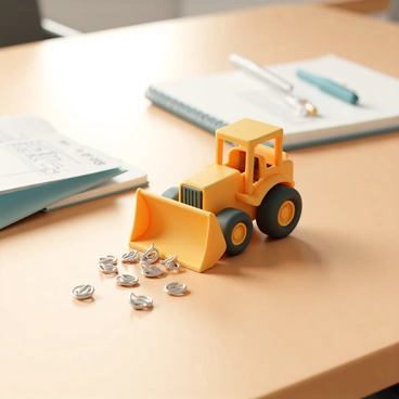 A tiny yellow bulldozer, with a detailed front blade, is positioned on a wooden desk. The bulldozer is actively pushing around various small objects, including shiny silver paperclips scattered around it. The desk surface is smooth and polished, with the sunlight reflecting off it, creating subtle highlights. In the background, there are a few notebooks and pens placed neatly, adding to the office environment.