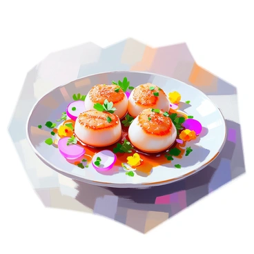 A plate featuring a gourmet dish of perfectly seared scallops, arranged artistically in a circular pattern. Each scallop is golden brown, with a delicate crust. The dish is adorned with vibrant green herbs, such as microgreens and chervil, scattered artfully around the scallops. Bright garnishes of edible flowers and thinly sliced radishes add pops of color to the presentation. A drizzle of rich sauce surrounds the scallops, enhancing the overall visual appeal of the dish.