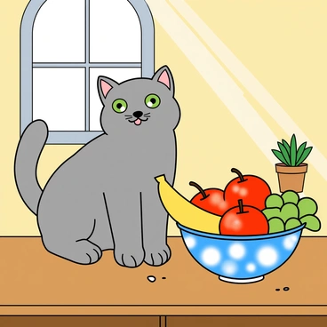 A fluffy gray cat with bright green eyes is sitting playfully on a wooden kitchen counter. The cat has its tail curled up behind it, and its ears are perked up, indicating curiosity. Next to the cat, there is a vibrant bowl filled with assorted fruits, including shiny red apples, ripe yellow bananas, and green grapes. The countertop has a few scattered crumbs and a small plant pot with a succulent in it. Sunlight streams through a nearby window, casting warm light on the scene.