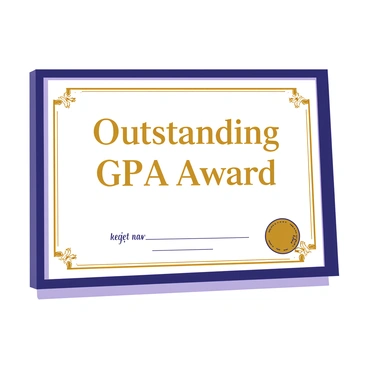 A white wall features a framed certificate prominently displayed at eye level. The certificate has a gold border and bears the words "Outstanding GPA Award" in bold, elegant lettering at the center. There are decorative elements in the corners of the frame, enhancing its appearance. Below the title, there is a space for a recipient's name, which is currently blank. A small, golden seal is located in the bottom right corner of the certificate.