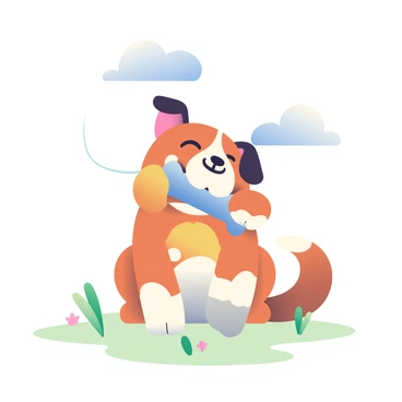 A medium-sized brown dog with white patches is happily chewing on a large bone in its mouth. The dog's ears are perked up, and its tail is wagging energetically in the air. The background is a soft green grass field with a few scattered flowers. The dog is sitting with its front paws planted on the ground, and its eyes are bright and playful. A few small clouds float in the blue sky above, adding to the cheerful atmosphere.