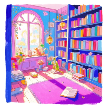 A whimsical library filled with shelves overflowing with colorful books. Some books are floating mid-air, their pages gently flapping as if caught in a soft breeze. Various magical creatures are spread throughout the library, including a small dragon perched on a shelf, attentively reading a book, and a fairy with shimmering wings hovering nearby while examining a scroll. The atmosphere is filled with a warm glow from hanging lanterns, and the walls are adorned with enchanting murals depicting scenes from famous fairy tales. A plush purple rug covers the wooden floor, adding a cozy touch to the magical setting.