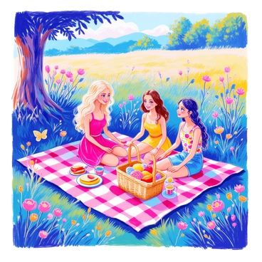 Barbie is sitting on a checkered blanket spread out on a lush green meadow. She is wearing a bright pink dress and has long blonde hair styled in curls. Beside her, two of her friends are present; one has brown hair tied in a ponytail and is wearing a yellow sundress, while the other has black hair in braids and is dressed in a floral print top and denim shorts. 

A wicker picnic basket filled with sandwiches, fruit, and drinks is placed on the blanket. There are colorful plates and cups set around the basket. In the background, wildflowers are blooming, and a few butterflies flutter in the sunlight. A large tree provides some shade nearby, creating a relaxed atmosphere for the picnic.