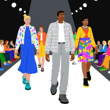 A group of models walking down a fashion runway, each wearing unique outfits made from repurposed plastic materials. One model is dressed in a vibrant blue dress crafted from recycled bottle caps, while another sports a striking jacket made of transparent plastic sheets, reflecting the lights around them. A third model showcases a colorful skirt made of woven plastic bags, completing the look with bold, chunky jewelry made of plastic fragments. The runway is lined with bright spotlights, illuminating the innovative designs as the audience watches in admiration.