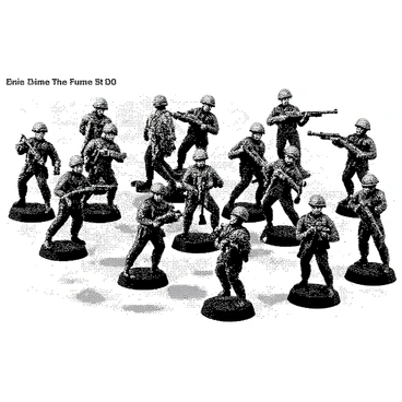A collection of miniature soldiers is meticulously arranged on a tabletop battlefield. Each soldier is posed in various strategic positions, showcasing different stances and equipment. Surrounding them are tactical markers indicating key locations and objectives on the battlefield. The tabletop surface features detailed terrain elements, such as hills, obstacles, and other structures, adding to the realistic appearance of the scene. The overall composition captures a sense of strategy and planning among the soldiers.