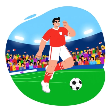 A male soccer player with short dark hair, wearing a red and white jersey, is leaping into the air to kick a soccer ball. His expression is focused and determined. The player is surrounded by a vibrant stadium filled with enthusiastic fans, many waving flags. Bright stadium lights illuminate the scene, highlighting the action and excitement of the moment. The grass on the field is a deep green, contrasting with the colorful crowd in the background.