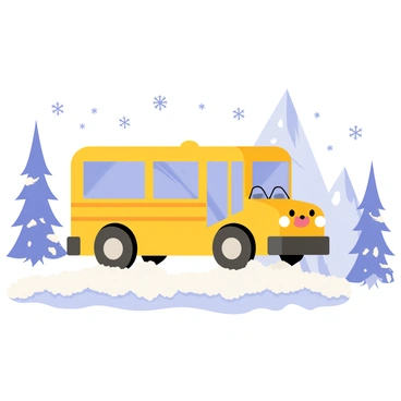 A bright yellow school bus is driving through a snowy landscape. The bus has large windows and a friendly cartoon face on the front. Snowflakes are gently falling from the sky, creating a whimsical atmosphere. In the background, there are large, jagged icebergs emerging from the white snow. The ground is blanketed in thick, fluffy snow, and there are pine trees dusted with snow lining the sides of the scene.