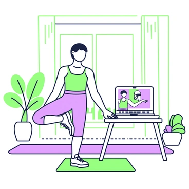 A person is performing high knees in a bright living room while following a virtual workout on their laptop. The individual has short hair and is wearing a fitted tank top and athletic shorts. The laptop is placed on a small table in front of them, displaying an instructor demonstrating the exercise. There is a fitness mat on the floor beneath their feet. The room features a plant in the corner, and a large window allows natural light to illuminate the space.