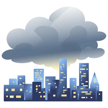 An occluded front is visible above a bustling city skyline. Skyscrapers with angular designs create a dramatic silhouette against the backdrop of turbulent, stormy skies filled with dark gray clouds. The clouds are layered, showcasing various shades of gray, hinting at impending rain. Below the skyline, city lights begin to flicker on as dusk approaches, creating a contrast between the illuminated buildings and the ominous atmosphere above. The scene captures the tension of the weather, with the occluded front dominating the sky.