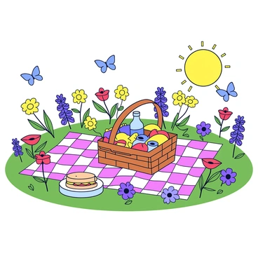 A picnic blanket with a checkered pattern spread out on the grass. On the blanket, there is a wicker basket filled with an assortment of fruits, sandwiches, and a bottle of lemonade. Surrounding the blanket are various wild, blooming native flowers in vibrant colors, including yellow daisies, purple lupines, and red poppies. Several butterflies are fluttering among the flowers, adding to the lively scene. The sun casts a warm glow over the picnic, creating a welcoming atmosphere.