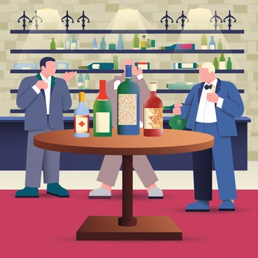 A collection of vintage wine bottles is arranged elegantly on a polished wooden table in a wine cellar. The bottles vary in shape and size, with labels showcasing rich colors and intricate designs. The setting is illuminated by soft, warm light emanating from wrought iron sconces mounted on the stone walls. Behind the table, dark wooden shelves are filled with additional wine bottles, some lying on their sides and others standing upright. A plush, deep red carpet covers the floor, adding to the sophisticated atmosphere. In the background, a few guests in formal attire are engaged in conversation, admiring the wine collection.