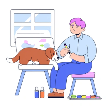 A dog with a brown and white coat is resting its head on an artist's lap. The artist is sitting on a simple wooden stool, holding a paintbrush in one hand while attempting to paint on a canvas placed in front of them. The artist has short hair and is wearing a light blue shirt. Several paint tubes and a palette with vibrant colors are scattered on the ground beside the stool. The background features a softly lit room with a window letting in natural light.