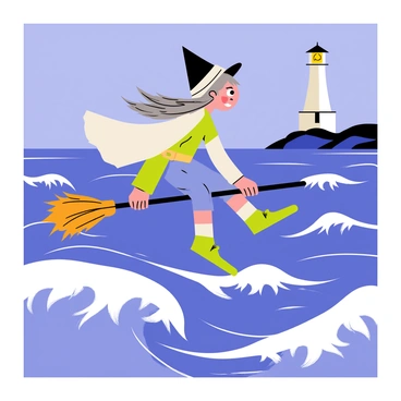A young girl named Meg is flying on a broomstick above a choppy blue sea. She has long flowing hair that is being tousled by the wind. Meg is wearing a simple witch's outfit, with a pointed hat and a cloak that flutters behind her. Below her, white-capped waves crash against each other, creating a sense of motion and turbulence in the water. In the distance, a tall lighthouse stands on a rocky shore, its light shining brightly, contrasting with the darkening sky. The scene is filled with a sense of adventure and determination as Meg navigates through the challenging weather.