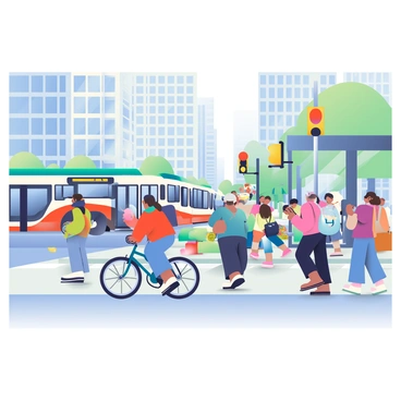A busy city street is filled with commuters walking purposefully. Some individuals are carrying briefcases and bags, while others are checking their phones. Bicycles are weaving through the crowd, with a few cyclists wearing helmets and brightly colored jackets. Public transport buses are seen along the curb, with their doors open, allowing passengers to enter and exit. In the background, tall buildings with glass facades rise above the street, and traffic lights are visible, controlling the flow of vehicles. People are waiting at a bus stop, while a few cars and taxis navigate through the street.