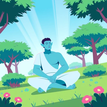 A green landscape with lush grass and vibrant trees under a clear blue sky. In the foreground, "Piccolo," a character with green skin, pointed ears, and a muscular build, is sitting cross-legged on the ground. His eyes are closed in concentration, and he wears a simple white robe that flows gently around him. Surrounding him are small bushes and colorful flowers, enhancing the tranquil atmosphere. Rays of sunlight filter through the leaves, casting dappled shadows on the ground.