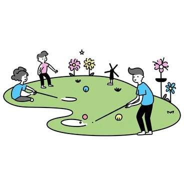 A mini-golf course with a variety of colorful balls in play. Players are positioned at different spots on the course, ready to take their shots. The course features whimsical obstacles such as oversized flowers, playful windmills, and cartoonish animals. Each player is focused on their next move, with one player in a blue shirt aiming carefully at a bright red ball. The grassy area surrounding the course is dotted with small trees and decorative elements, enhancing the vibrant atmosphere.