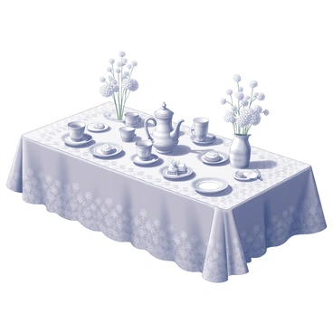 A lace-covered table is set for a tea party. The table features several dainty teacups and matching saucers arranged neatly. A porcelain teapot sits at the center, adorned with delicate patterns. Surrounding the table are small plates holding an assortment of pastries and finger sandwiches. Soft, decorative napkins are folded beside each teacup, adding to the elegance of the setting. Small floral arrangements in vases are placed at intervals along the table, enhancing the inviting atmosphere.