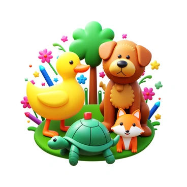 A group of various animals illustrated in a playful manner. There is a bright yellow duck with a shiny beak standing next to a fluffy brown dog with a wagging tail. A green turtle is shown with a textured shell, while a small orange fox peeks out from behind a tree. The animals are surrounded by colorful crayon strokes that form a vibrant background filled with flowers and grass. Each animal is distinct in color and design, showcasing a charming and whimsical style.