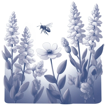 A honeybee is flying within a dense forest filled with towering flowers. The flowers have large, intricate petals and various textures, standing tall with thick stems that reach towards the sky. The bee is positioned in the foreground, with its wings spread and legs extended, actively moving from one flower to another. The atmosphere is rich with details of the foliage, with the leaves of the flowers creating a lush, green backdrop. Sunlight filters through the flowers, casting gentle shadows and illuminating the bee’s delicate features as it navigates through this vibrant environment.
