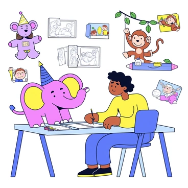 An expert illustrator is sitting at a drawing table filled with colorful pencils and sketch papers. On the table are various whimsical animal characters, including a cheerful elephant wearing a party hat and a playful monkey swinging from a vine. The illustrator is focused on bringing these characters to life with vibrant colors and exaggerated features. Various drafts of other animals can be seen scattered around, showcasing a range of expressions and poses. The room is decorated with children's book covers featuring illustrations of animals, adding to the creative atmosphere.