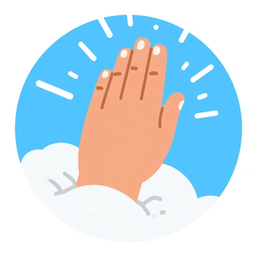 A large, detailed hand is reaching down from a bright blue sky. The hand is depicted with intricate features, showing the knuckles and fingers clearly. Rays of light extend outward from the hand, creating a radiant halo effect around it. The background includes fluffy white clouds that add depth to the scene. The overall composition conveys a sense of wonder and connection between the hand and the sky.